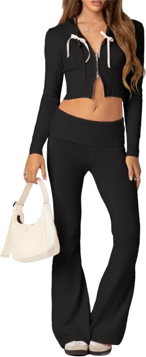 Thopavenoir Women Knit 2 Piece Outfits Long Sleeve Zipper Hooded Crop Top High Waist Skinny Pants Set Tracksuit Loungewear