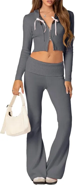 Thopavenoir Women Knit 2 Piece Outfits Long Sleeve Zipper Hooded Crop Top High Waist Skinny Pants Set Tracksuit Loungewear