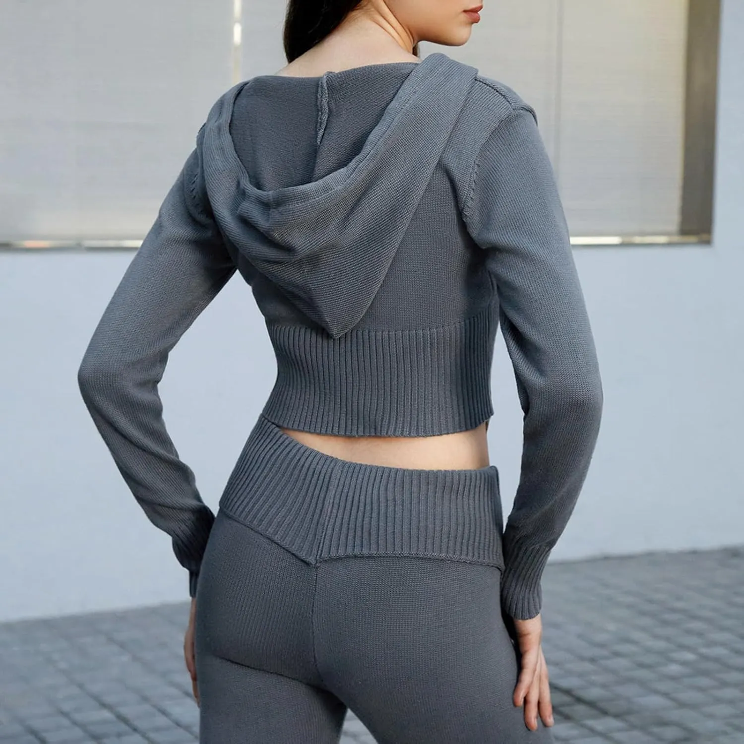Thopavenoir Women Knit 2 Piece Outfits Long Sleeve Zipper Hooded Crop Top High Waist Skinny Pants Set Tracksuit Loungewear
