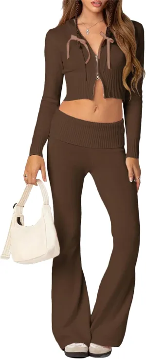 Thopavenoir Women Knit 2 Piece Outfits Long Sleeve Zipper Hooded Crop Top High Waist Skinny Pants Set Tracksuit Loungewear