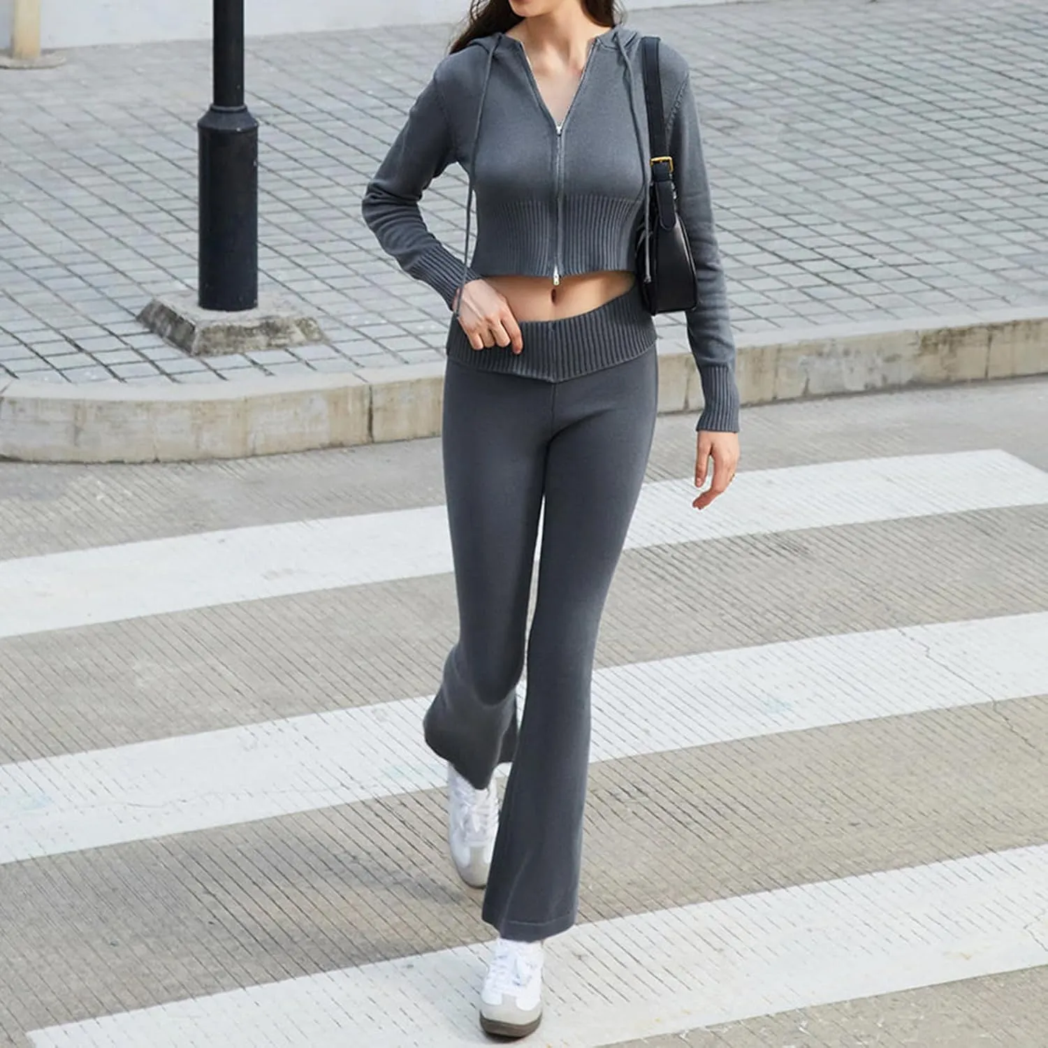 Thopavenoir Women Knit 2 Piece Outfits Long Sleeve Zipper Hooded Crop Top High Waist Skinny Pants Set Tracksuit Loungewear