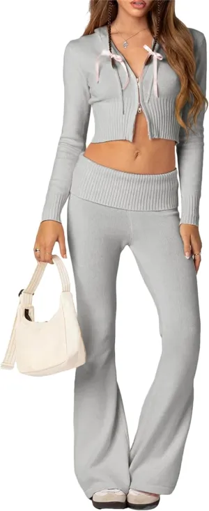 Thopavenoir Women Knit 2 Piece Outfits Long Sleeve Zipper Hooded Crop Top High Waist Skinny Pants Set Tracksuit Loungewear