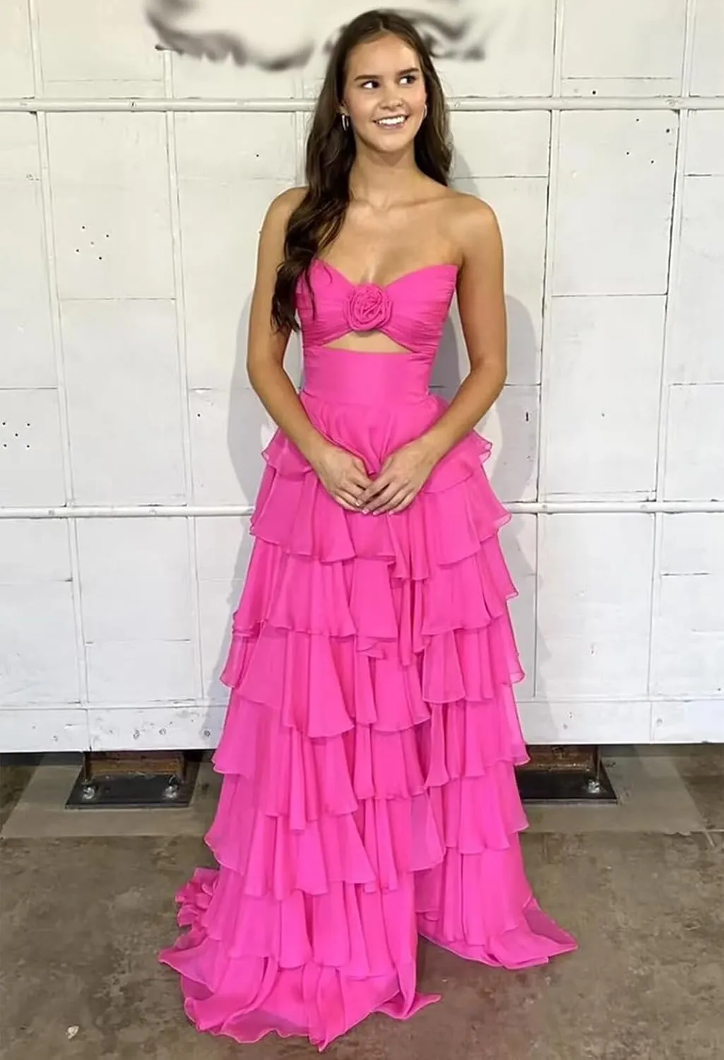 Tiered Chiffon Prom Dress Strapless Formal Dress 3D Flower Keyhole Evening Party Gowns with Slit