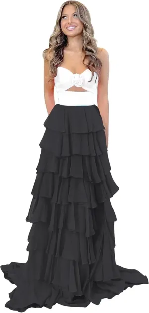 Tiered Chiffon Prom Dress Strapless Formal Dress 3D Flower Keyhole Evening Party Gowns with Slit