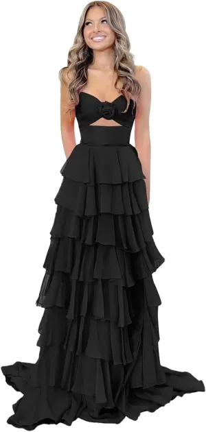 Tiered Chiffon Prom Dress Strapless Formal Dress 3D Flower Keyhole Evening Party Gowns with Slit