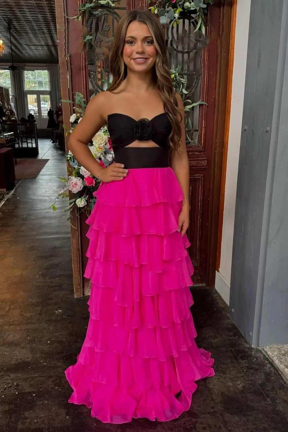 Tiered Chiffon Prom Dress Strapless Formal Dress 3D Flower Keyhole Evening Party Gowns with Slit