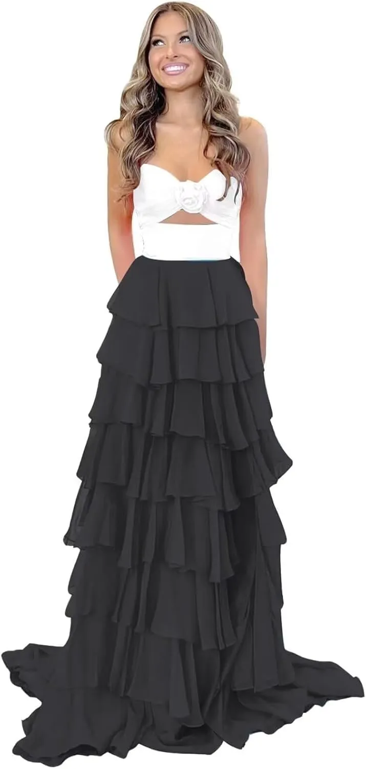 Tiered Chiffon Prom Dress Strapless Formal Dress 3D Flower Keyhole Evening Party Gowns with Slit