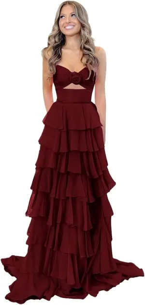 Tiered Chiffon Prom Dress Strapless Formal Dress 3D Flower Keyhole Evening Party Gowns with Slit