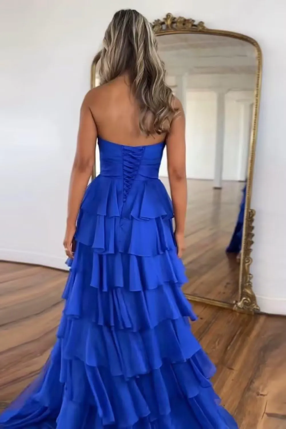 Tiered Chiffon Prom Dress Strapless Formal Dress 3D Flower Keyhole Evening Party Gowns with Slit