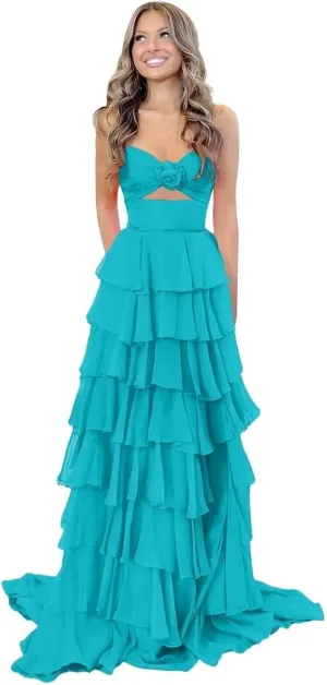 Tiered Chiffon Prom Dress Strapless Formal Dress 3D Flower Keyhole Evening Party Gowns with Slit