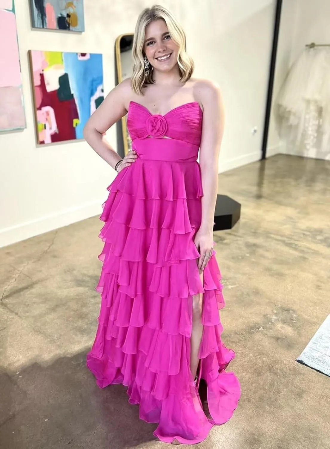 Tiered Chiffon Prom Dress Strapless Formal Dress 3D Flower Keyhole Evening Party Gowns with Slit