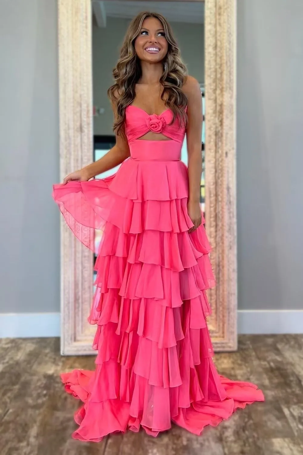 Tiered Chiffon Prom Dress Strapless Formal Dress 3D Flower Keyhole Evening Party Gowns with Slit