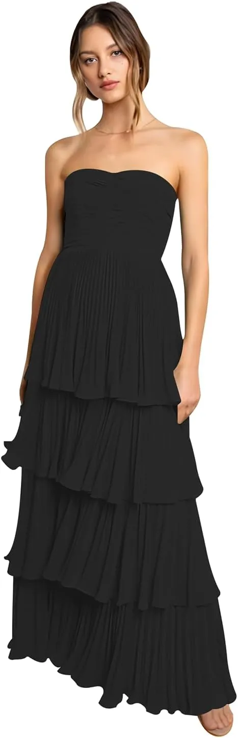 Tiered Strapless Prom Dresses for Women 2025 Modest Ruffle Chiffon Off The Shoulder Long Formal Cocktail Dresses