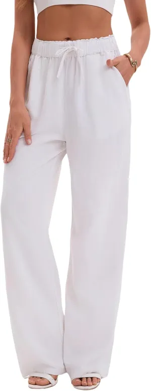 TONCHENGSD Women's Linen Drawstring Elastic Waist Wide Leg Pants with Pockets