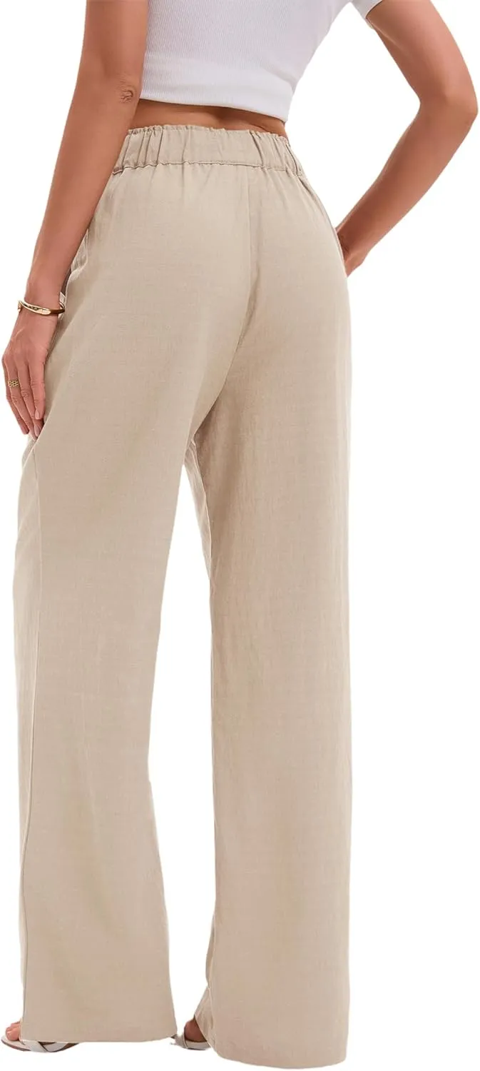 TONCHENGSD Women's Linen Drawstring Elastic Waist Wide Leg Pants with Pockets