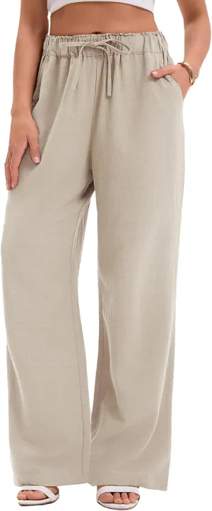 TONCHENGSD Women's Linen Drawstring Elastic Waist Wide Leg Pants with Pockets