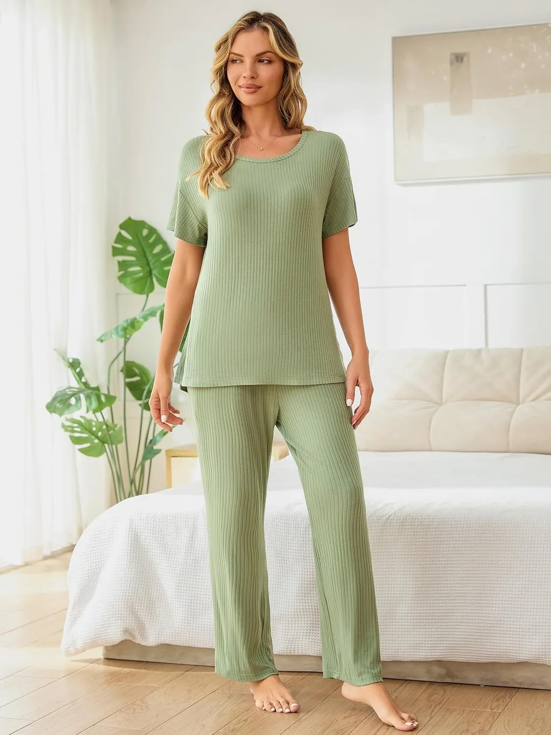 Tugege Women 2 Piece Lounge Sets Ribbed Knit Matching Outfits Short Sleeve Tops with Wide Leg Pants Pajamas Set