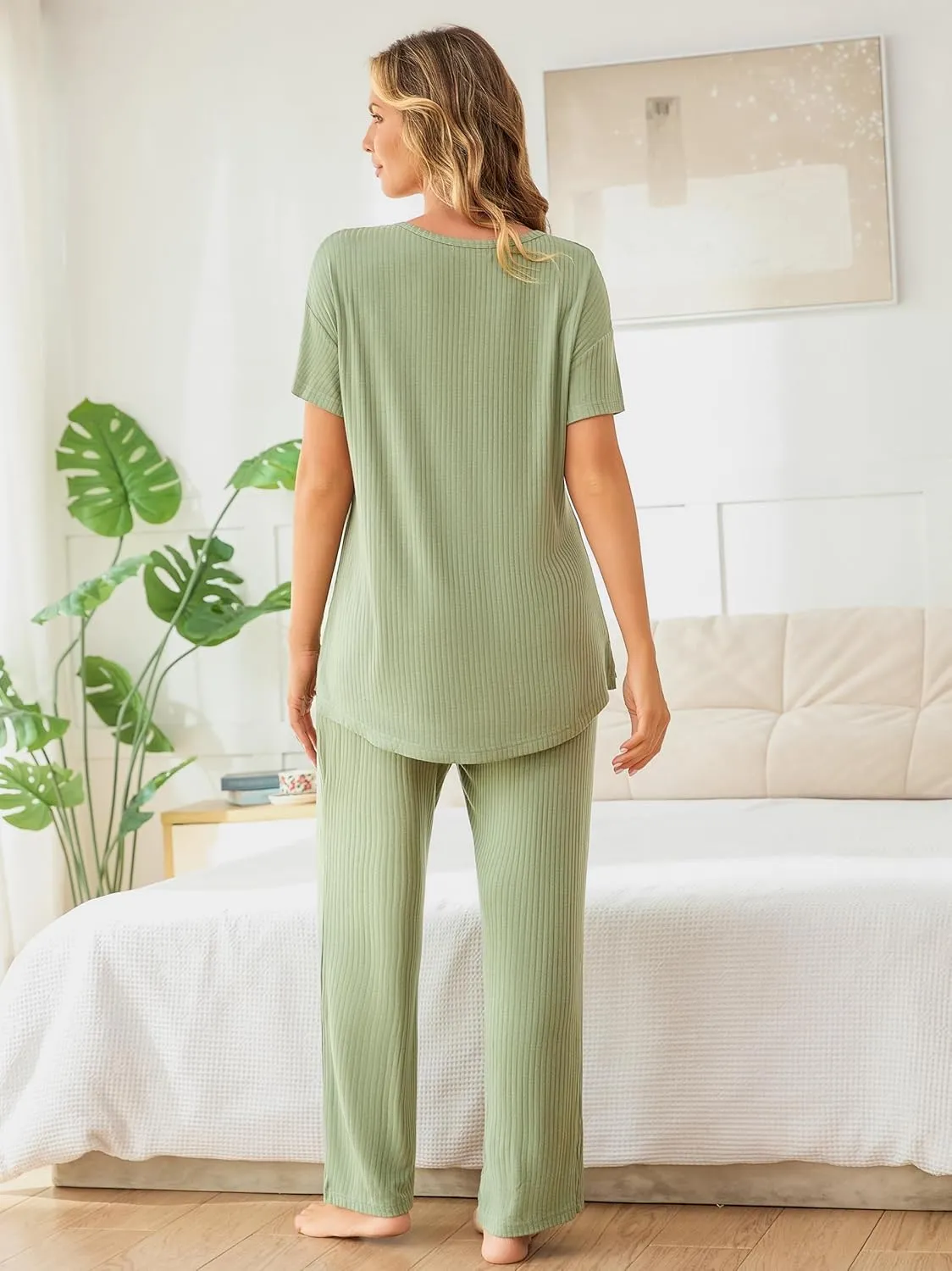Tugege Women 2 Piece Lounge Sets Ribbed Knit Matching Outfits Short Sleeve Tops with Wide Leg Pants Pajamas Set