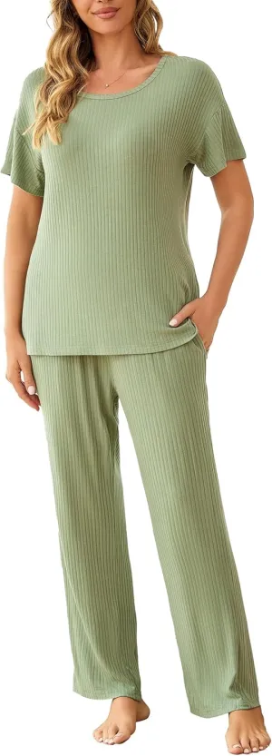 Tugege Women 2 Piece Lounge Sets Ribbed Knit Matching Outfits Short Sleeve Tops with Wide Leg Pants Pajamas Set