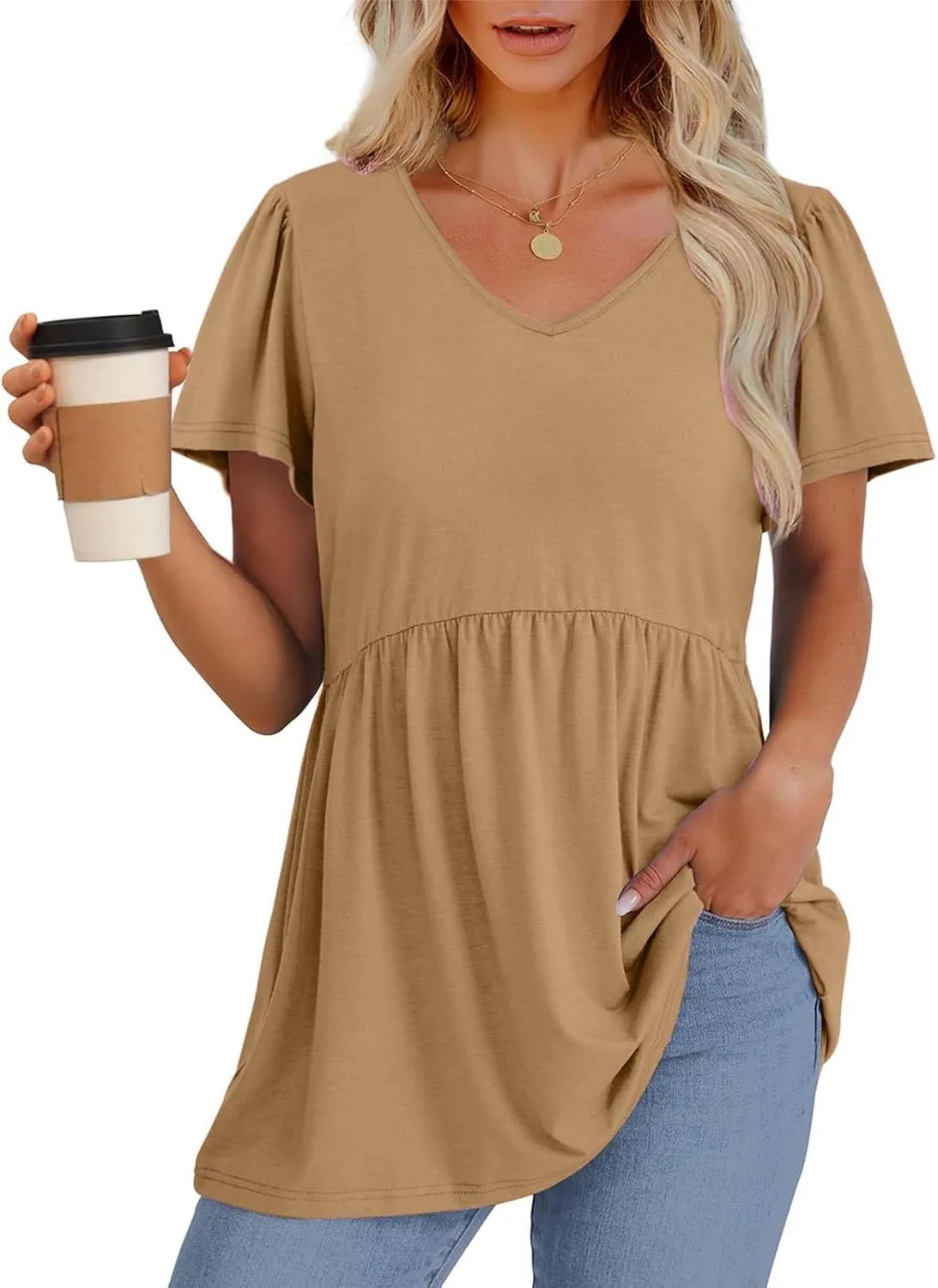 Tunic Tops for Women Loose Fit Dressy Cute Pleated Baby Doll Tops Flow Swing Beach Peplum Blouses