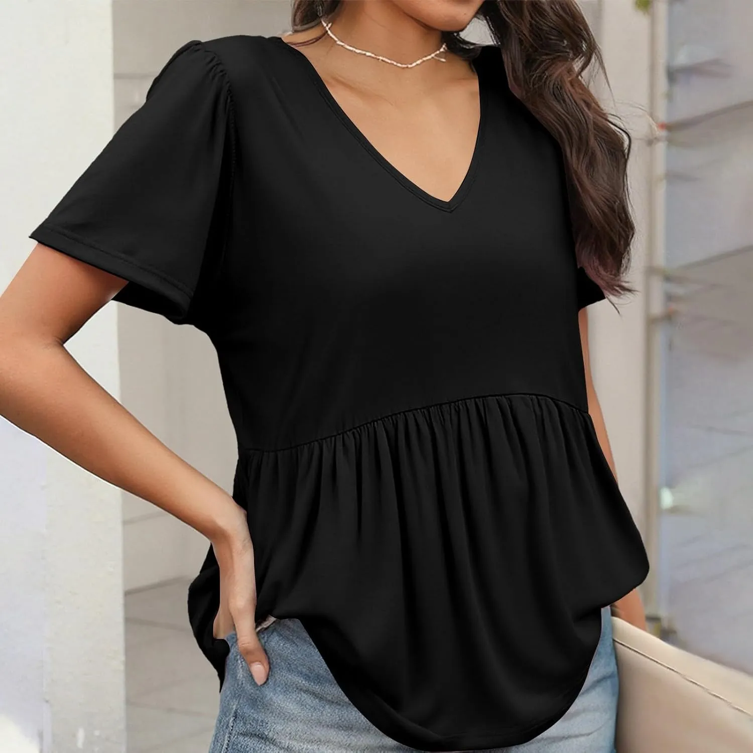 Tunic Tops for Women Loose Fit Dressy Cute Pleated Baby Doll Tops Flow Swing Beach Peplum Blouses
