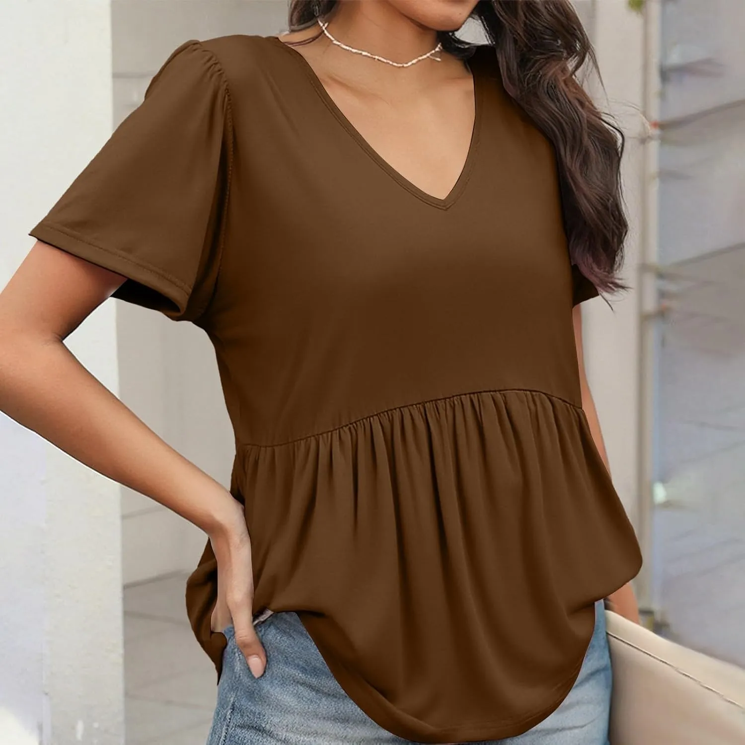 Tunic Tops for Women Loose Fit Dressy Cute Pleated Baby Doll Tops Flow Swing Beach Peplum Blouses