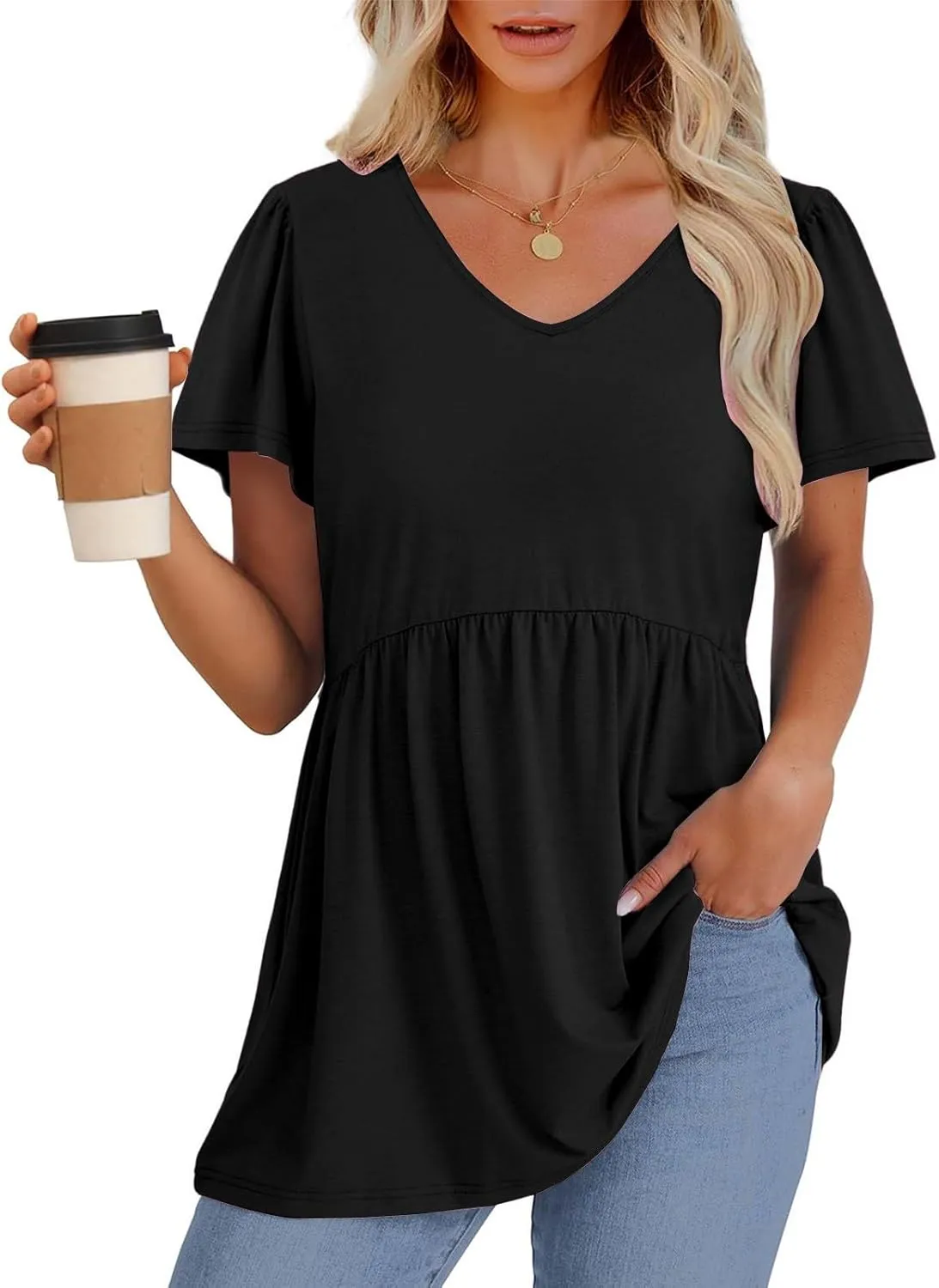 Tunic Tops for Women Loose Fit Dressy Cute Pleated Baby Doll Tops Flow Swing Beach Peplum Blouses