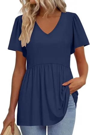 Tunic Tops for Women Loose Fit Dressy Cute Pleated Baby Doll Tops Flow Swing Beach Peplum Blouses