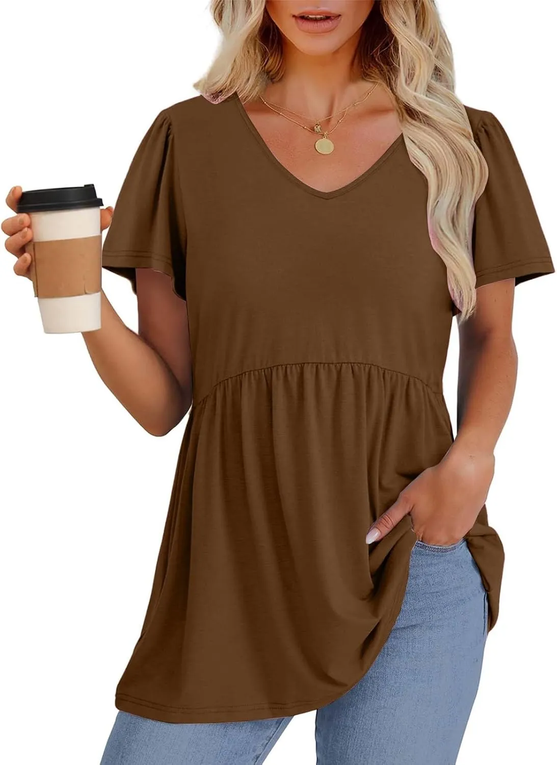 Tunic Tops for Women Loose Fit Dressy Cute Pleated Baby Doll Tops Flow Swing Beach Peplum Blouses