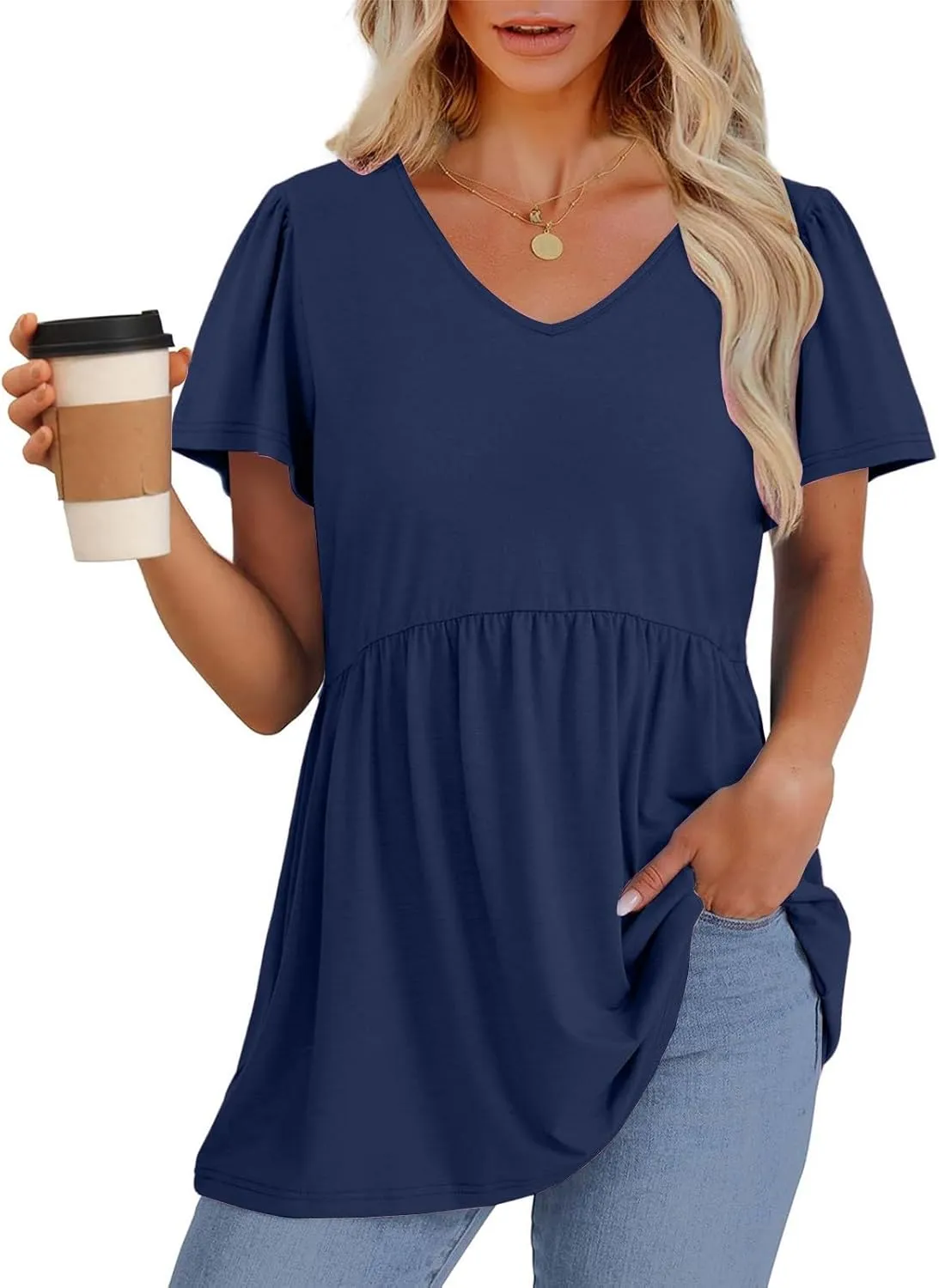 Tunic Tops for Women Loose Fit Dressy Cute Pleated Baby Doll Tops Flow Swing Beach Peplum Blouses