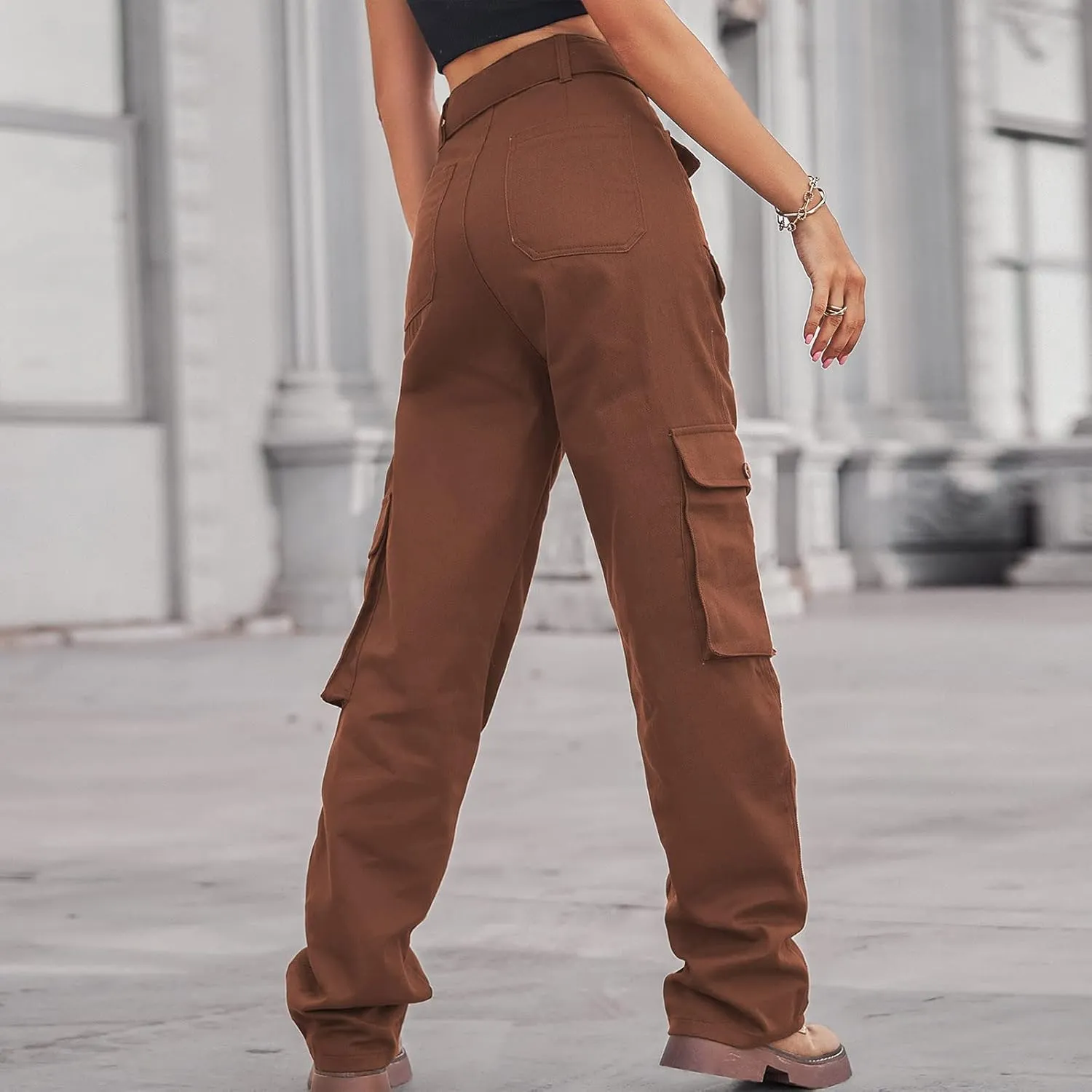 Uillui Outdoor Tactical Pants Women's Relax Fit Casual Straight Leg Cargo Pants High Waisted Military Pockets Work Trouser