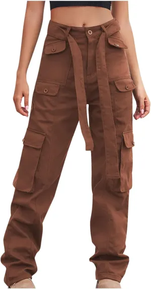 Uillui Outdoor Tactical Pants Women's Relax Fit Casual Straight Leg Cargo Pants High Waisted Military Pockets Work Trouser