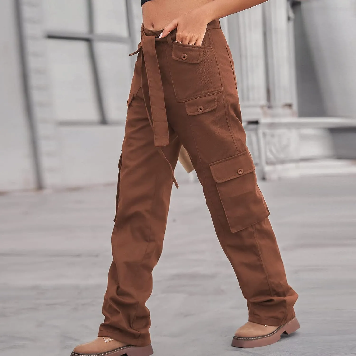 Uillui Outdoor Tactical Pants Women's Relax Fit Casual Straight Leg Cargo Pants High Waisted Military Pockets Work Trouser