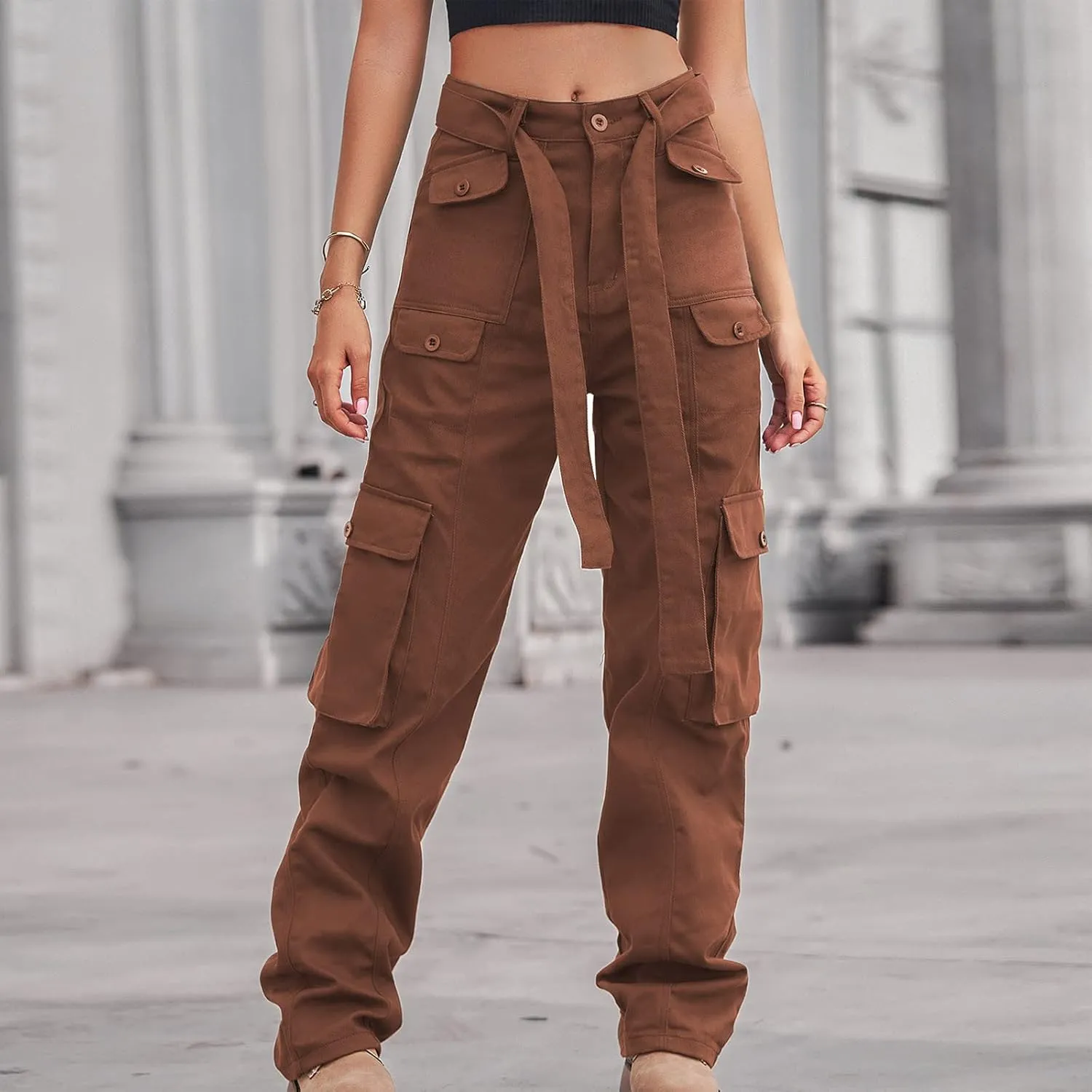 Uillui Outdoor Tactical Pants Women's Relax Fit Casual Straight Leg Cargo Pants High Waisted Military Pockets Work Trouser