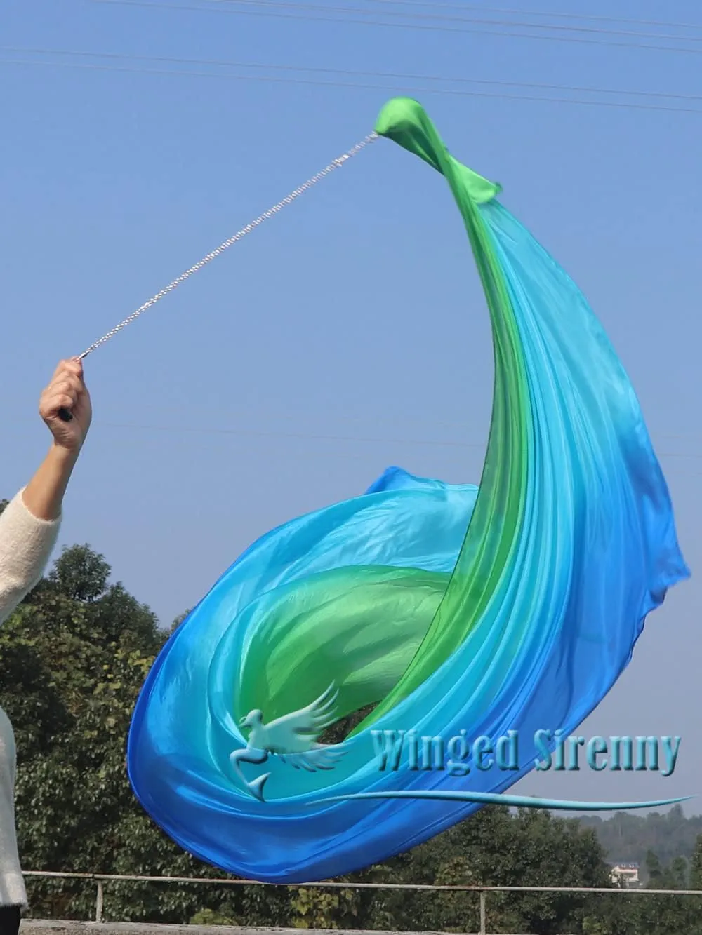 Winged Sirenny 90" Play Silk Scarf with Poi Ball, Colorful Silk Flag Ribbon Streamer, Belly Dance Practice VOI, Single Piece (green-turquoise-blue)