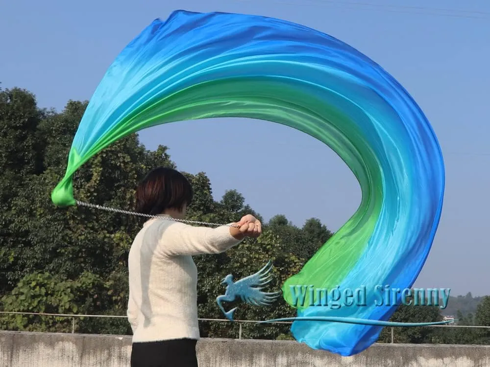 Winged Sirenny 90" Play Silk Scarf with Poi Ball, Colorful Silk Flag Ribbon Streamer, Belly Dance Practice VOI, Single Piece (green-turquoise-blue)
