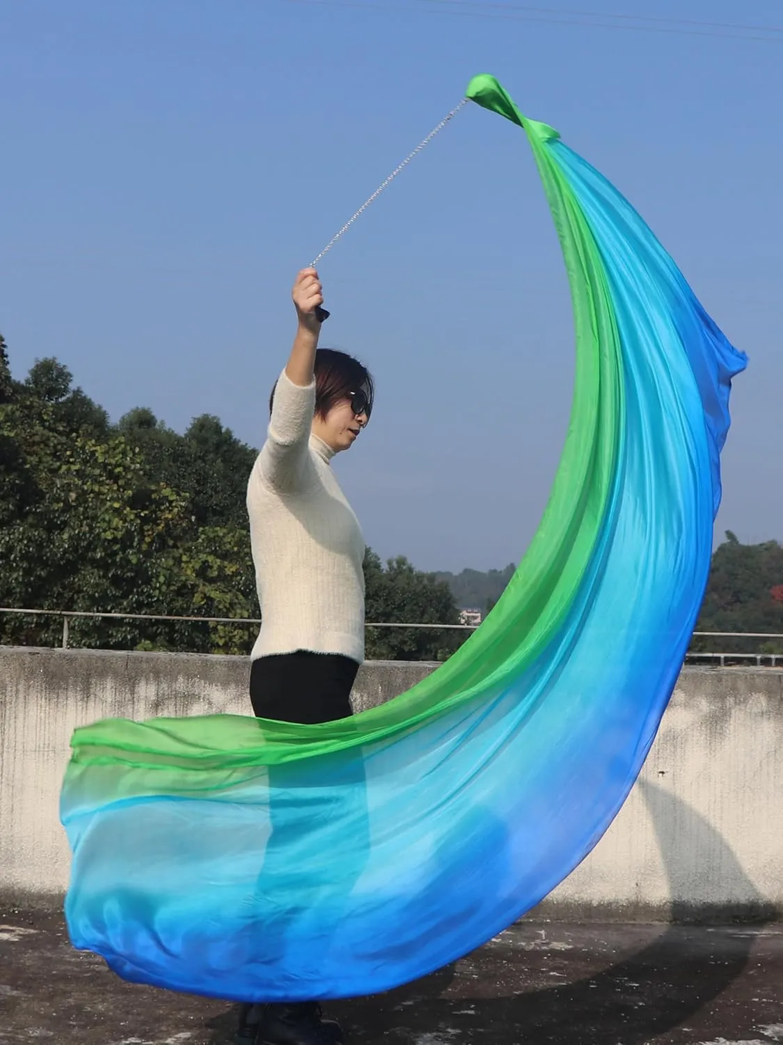Winged Sirenny 90" Play Silk Scarf with Poi Ball, Colorful Silk Flag Ribbon Streamer, Belly Dance Practice VOI, Single Piece (green-turquoise-blue)