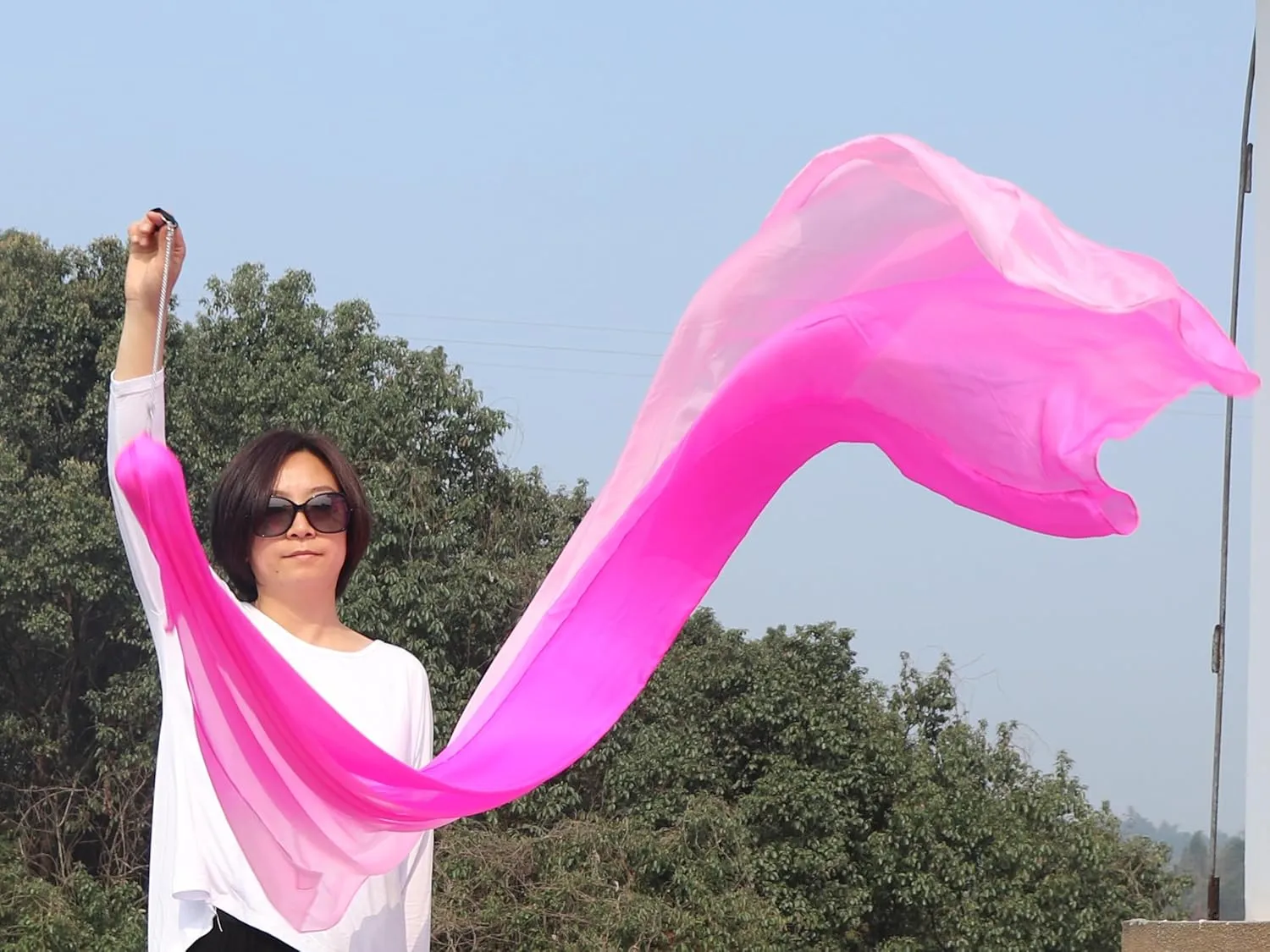 Winged Sirenny 90" Play Silk Scarf with Poi Ball, Colorful Silk Flag Ribbon Streamer, Belly Dance Practice VOI, Single Piece (Pink Fading)