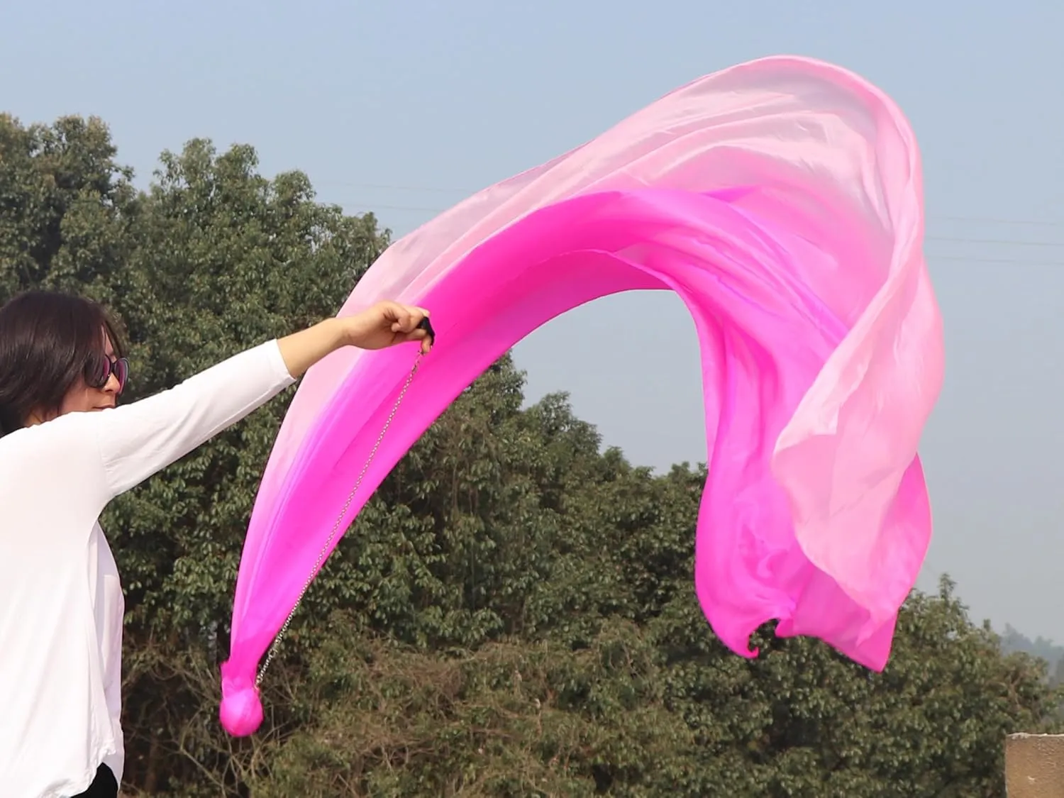 Winged Sirenny 90" Play Silk Scarf with Poi Ball, Colorful Silk Flag Ribbon Streamer, Belly Dance Practice VOI, Single Piece (Pink Fading)