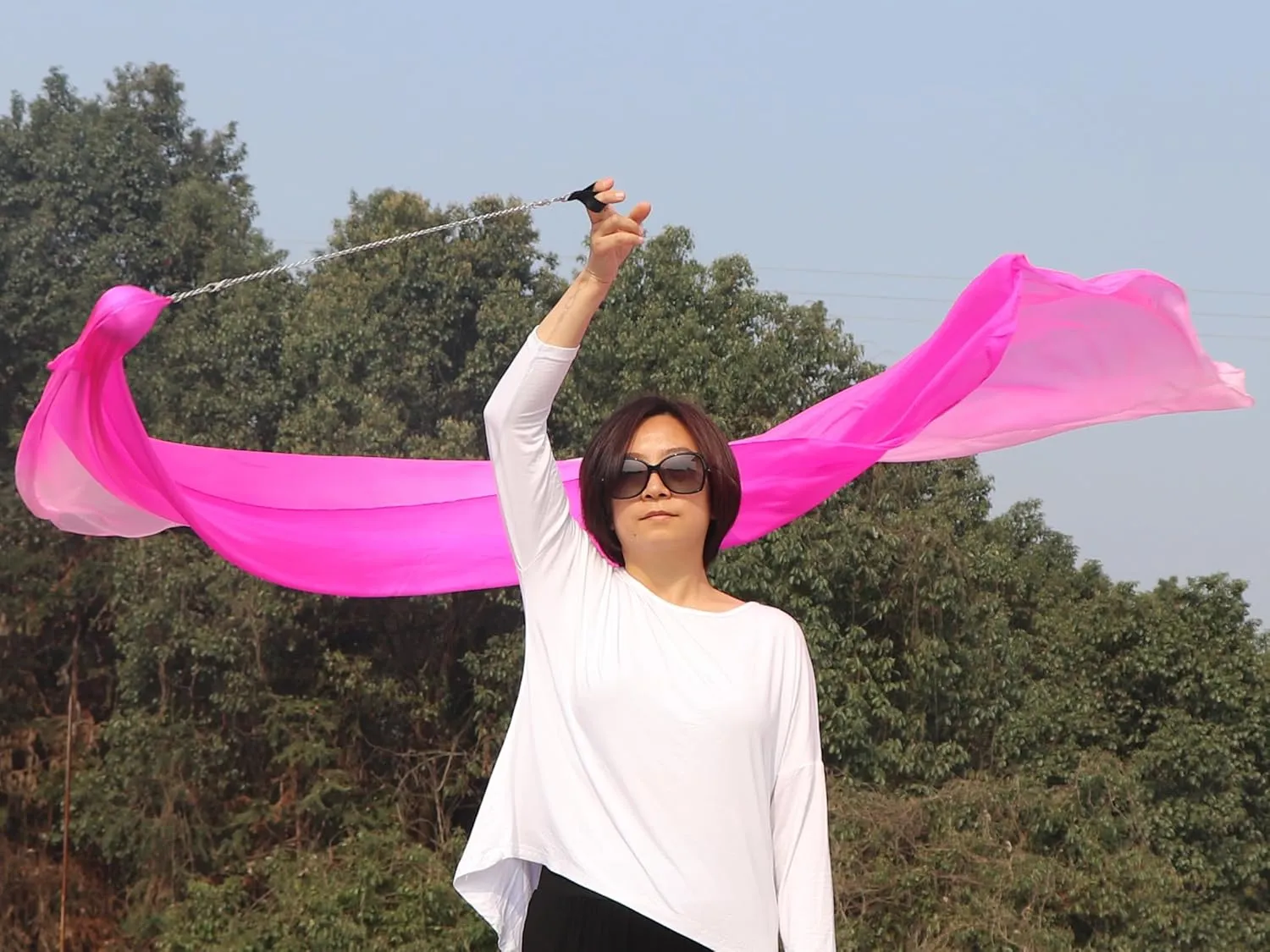 Winged Sirenny 90" Play Silk Scarf with Poi Ball, Colorful Silk Flag Ribbon Streamer, Belly Dance Practice VOI, Single Piece (Pink Fading)