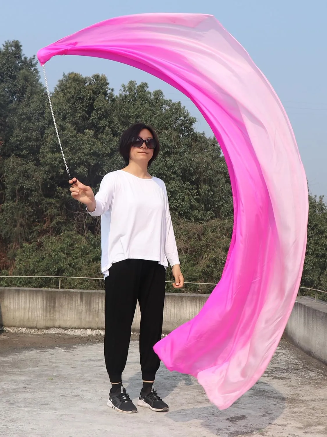 Winged Sirenny 90" Play Silk Scarf with Poi Ball, Colorful Silk Flag Ribbon Streamer, Belly Dance Practice VOI, Single Piece (Pink Fading)
