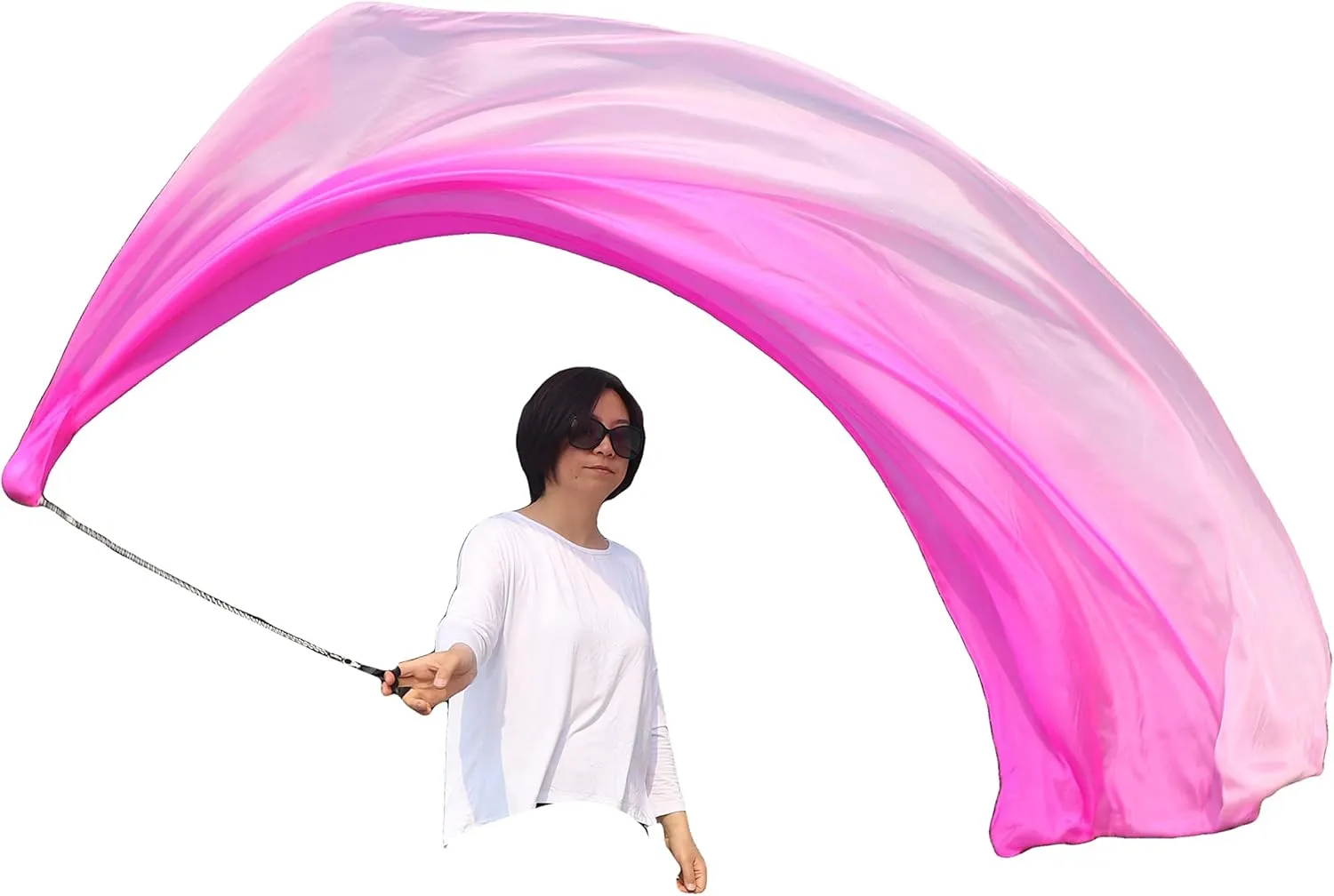 Winged Sirenny 90" Play Silk Scarf with Poi Ball, Colorful Silk Flag Ribbon Streamer, Belly Dance Practice VOI, Single Piece (Pink Fading)