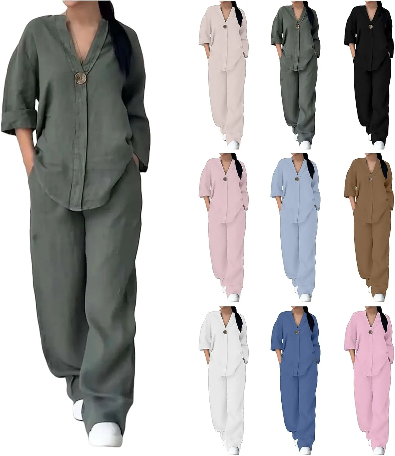 Women 2 Piece Cotton Linen Outfits Lightweight 3/4 Sleeve Crewneck Tunic Tops High Waist Long Pants Sets