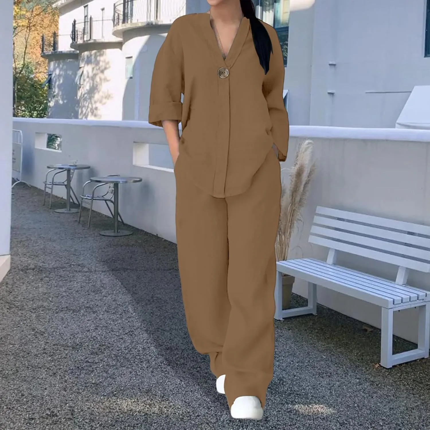 Women 2 Piece Cotton Linen Outfits Lightweight 3/4 Sleeve Crewneck Tunic Tops High Waist Long Pants Sets