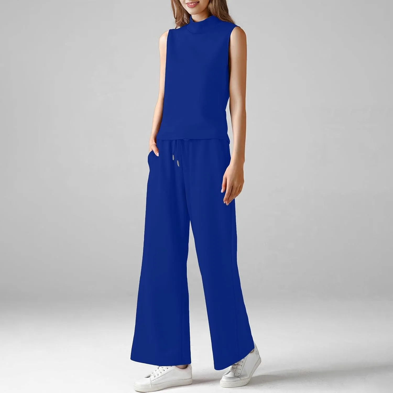 Women 2 Piece Lounge Sets Summer Travel Sweat Outfits High Neck Sleeveless Wide Leg Casual Matching Tracksuits Clothes