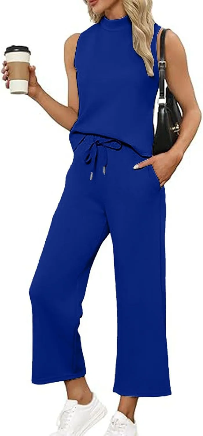 Women 2 Piece Lounge Sets Summer Travel Sweat Outfits High Neck Sleeveless Wide Leg Casual Matching Tracksuits Clothes