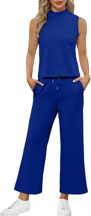 Women 2 Piece Lounge Sets Summer Travel Sweat Outfits High Neck Sleeveless Wide Leg Casual Matching Tracksuits Clothes