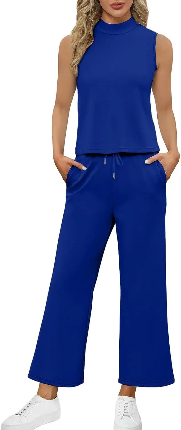 Women 2 Piece Lounge Sets Summer Travel Sweat Outfits High Neck Sleeveless Wide Leg Casual Matching Tracksuits Clothes