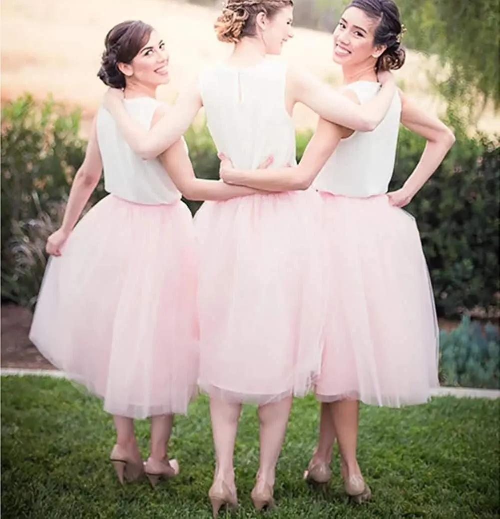 Women 5 Layers Tulle Skirt - Tea Length High Waist Bridal Midi Skirt Tutu forWedding Party Evening
