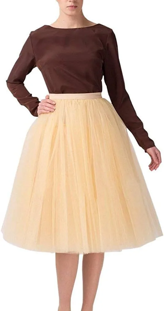 Women 5 Layers Tulle Skirt - Tea Length High Waist Bridal Midi Skirt Tutu forWedding Party Evening